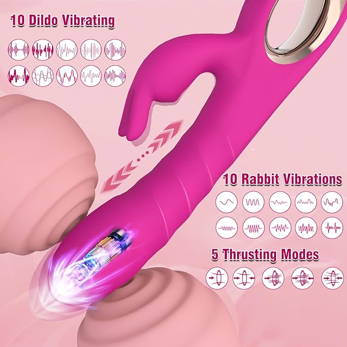 Thrusting Dildo Vibrator Adult Toys for Women - 3 in 1 Rabbit Vibrators Dildos with 5 Thrusting & 10 Vibration Modes, G Spot Vibrator Female Sex Toys Adult Toy for Womens or Couples Sex Toy